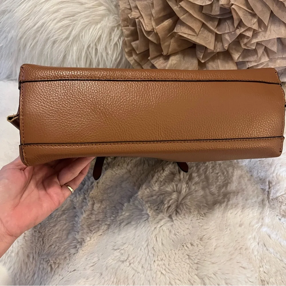 Vera Pelle Tan Brown Pebbled Leather Neutral Two Handle Tote Laptop Bag Purse